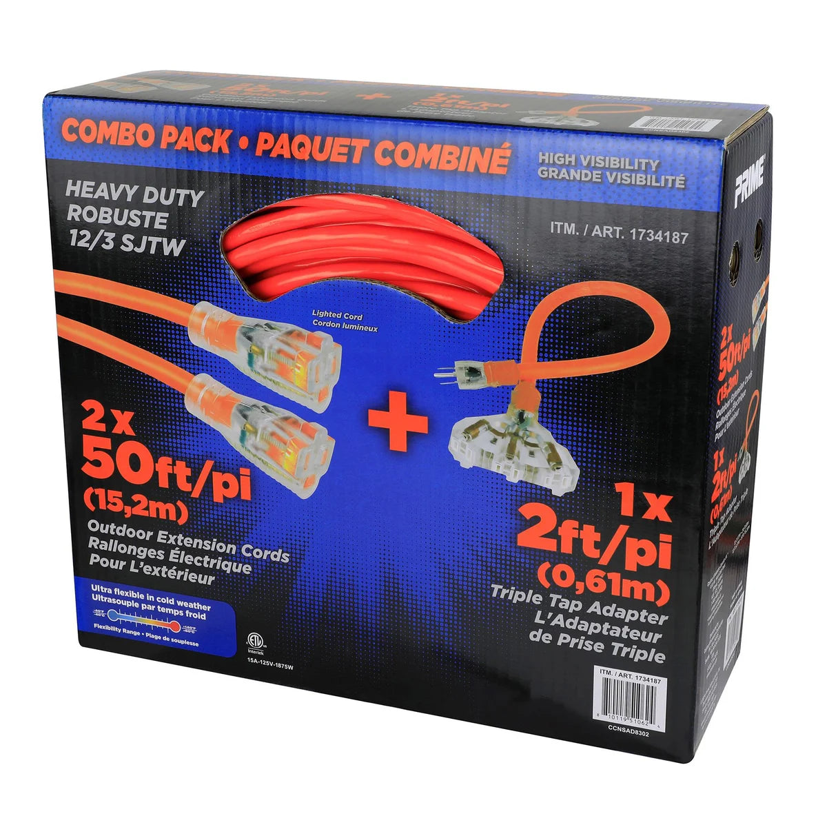 Prime 50ft Neon Extension Cord 2-Pack with 2ft Triple Tap Adapter